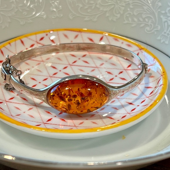 Jewelry - Vintage Sterling Silver 925 Baltic Amber Bangle Bracelet – Cognac Honey